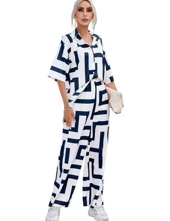 Gufrina Chic Women's Half Sleeve Shirt Collar Fort Open Top Co-Ords Set - Modern Geometric Print