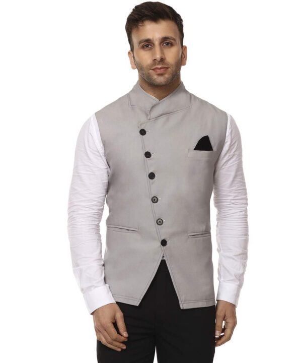 plain Chinese Collar Sleeveless Cotton Poly Nehru Jacket