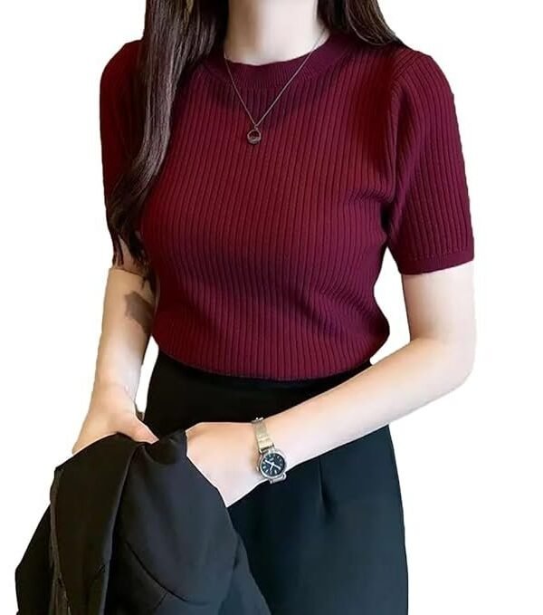 Istyle Can Slim Fit Plain Stretchable Round Neck Rib Knit Short Sleeve Regular Top for Women | T Shirt | Tee