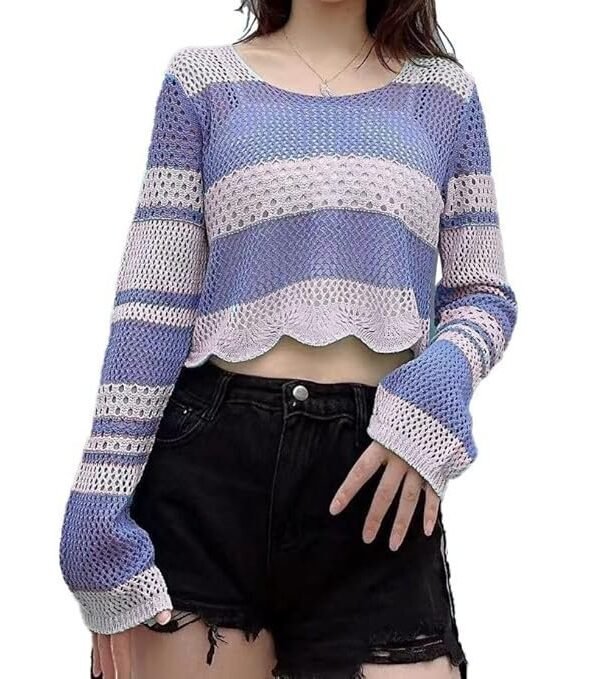 ICW Women's Korean Style Knitted Sheer Crochet Long Sleeve Hollow Out Colour Block Print Crop Top T-Shirt