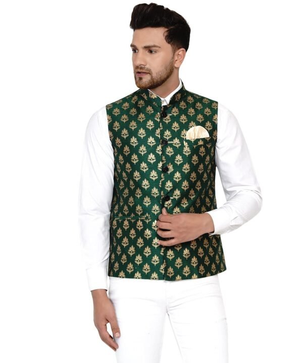 Men's Banarasi Printed Nehru Jacket (Green)