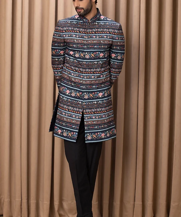 Navy Printed Indowestern Jacket Set