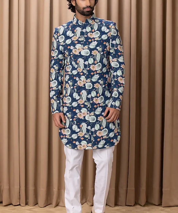 Navy Printed & Hand Painted Indowestern Jacket Set