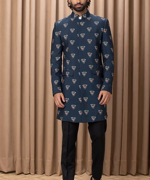 Navy Indowestern Jacket Set With Print