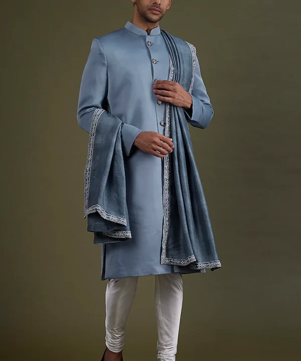 Steel Blue Scuba Satin Sherwani Set