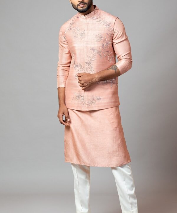 Onion Pink Embroidered Nehru Jacket With Kurta Set