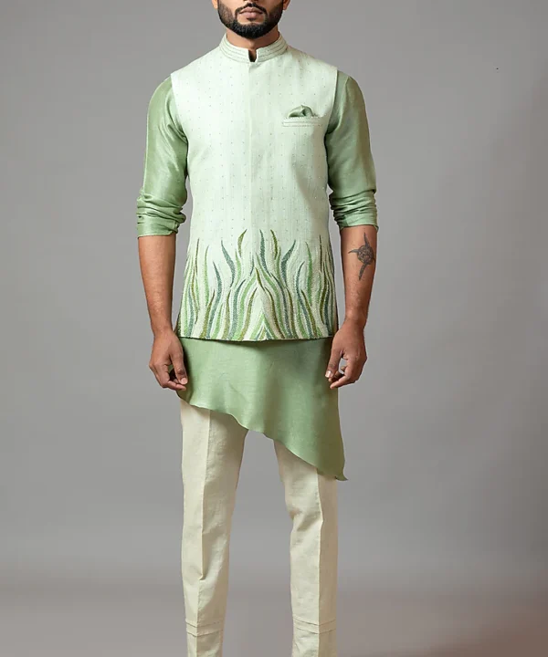Mint Green Embroidered Nehru Jacket With Kurta Set