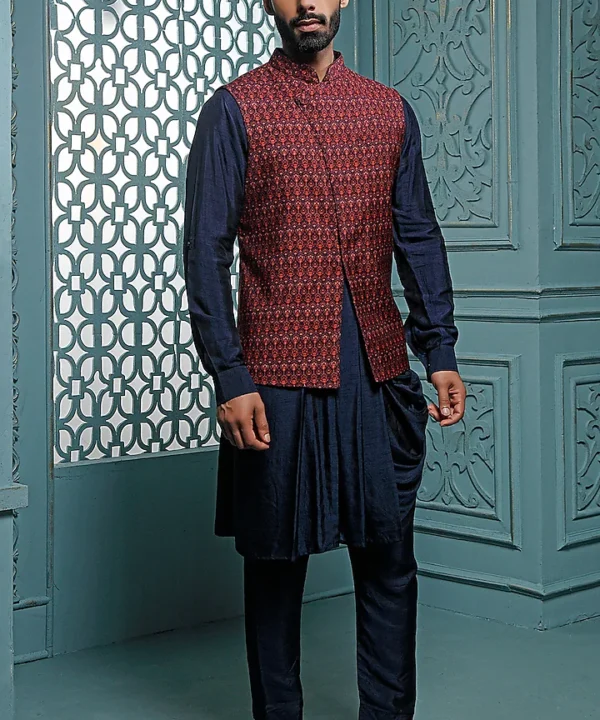 Mauve Printed Bundi Jacket Set With Kurta Set