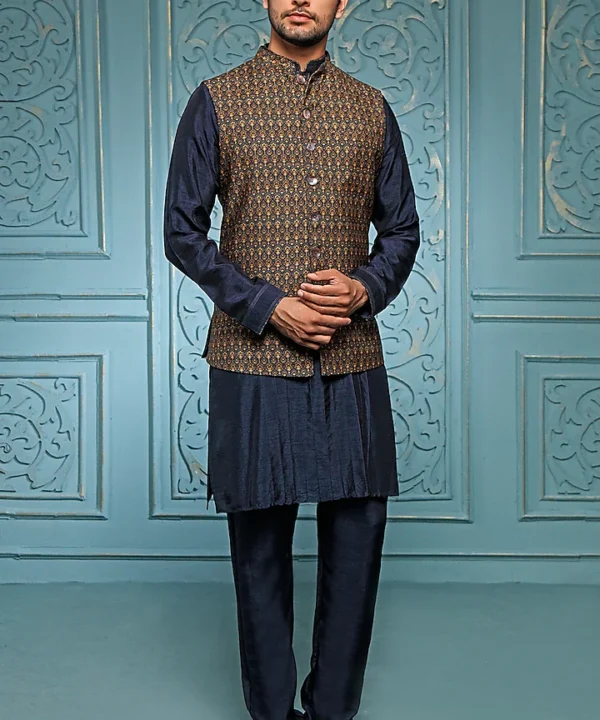 Teal Silk Kurta Set With Bundi Jacket