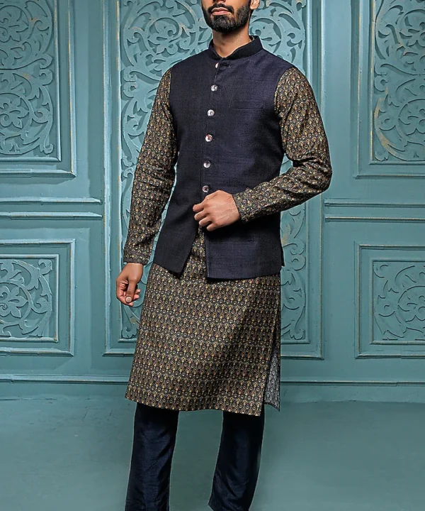 Teal Raw Silk Bundi Jacket With Kurta Set