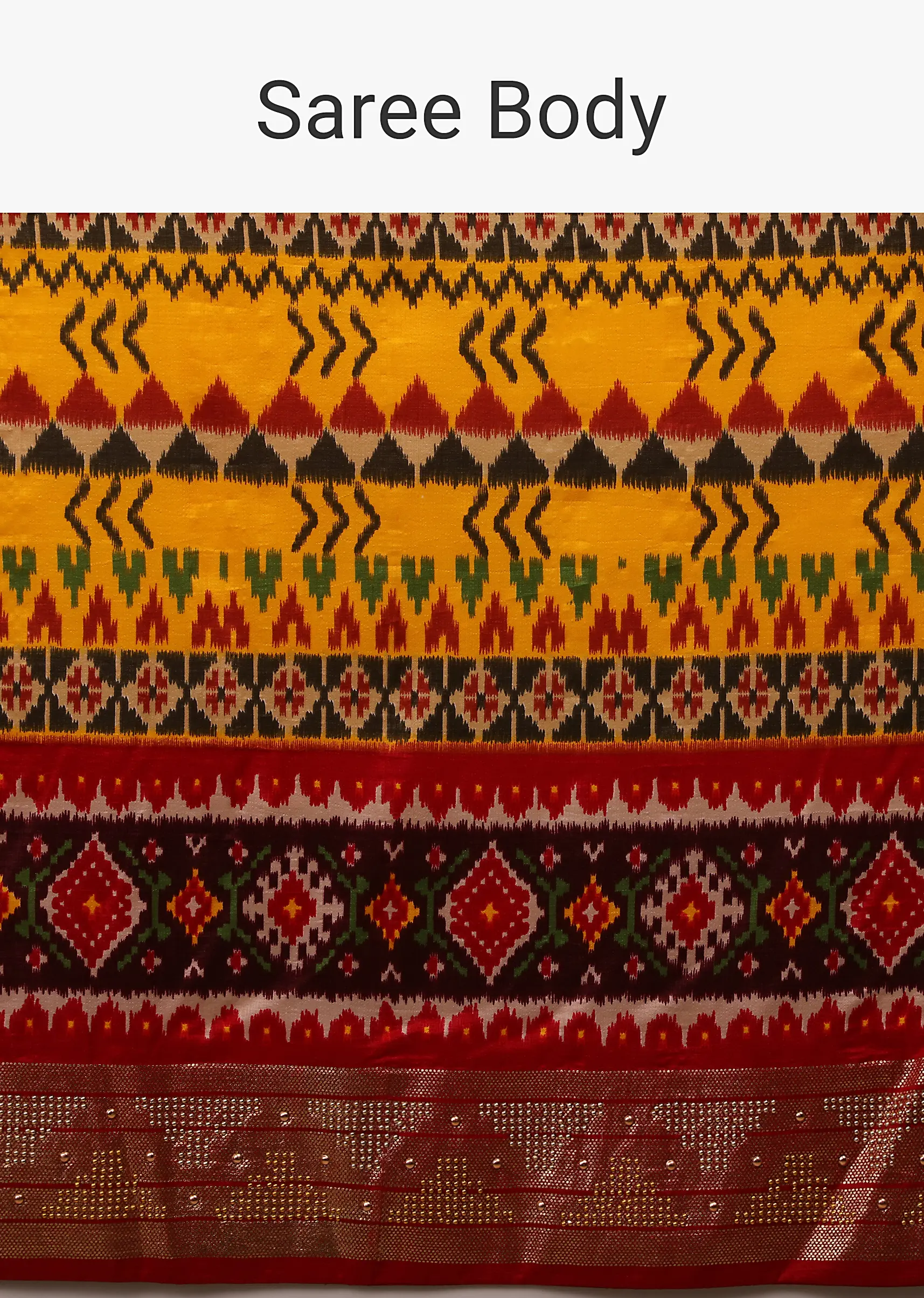 Chrome Yellow Saree In Silk With Multi Colored Patola And Foil Print And Contrasting Maroon Border - Image 6