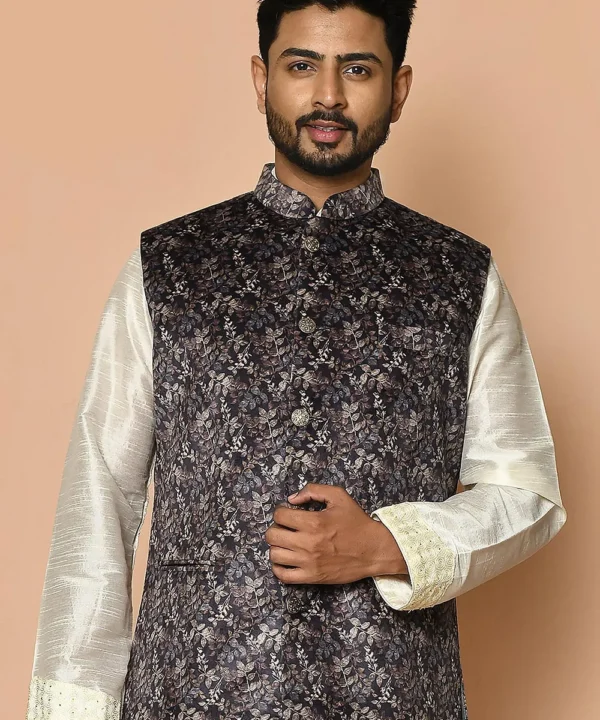 Digital Printed Velvet Nehru Jacket in Grey