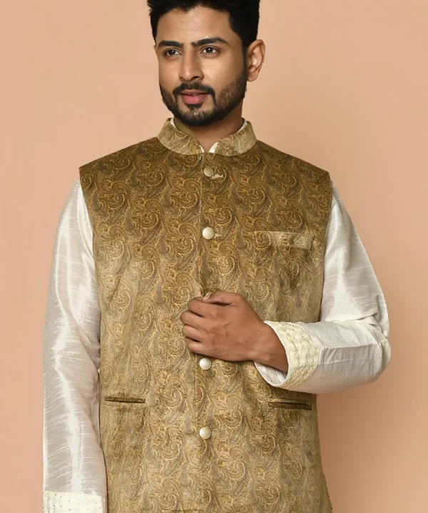 Digital Printed Velvet Nehru Jacket in Mustard