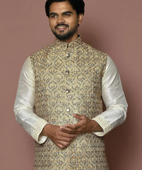 Embroidered Cotton Nehru Jacket in Beige and Blue