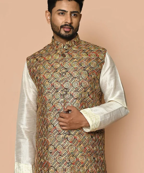 Embroidered Cotton Nehru Jacket in Multicolor