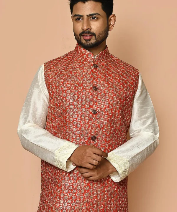 Embroidered Cotton Nehru Jacket in Red