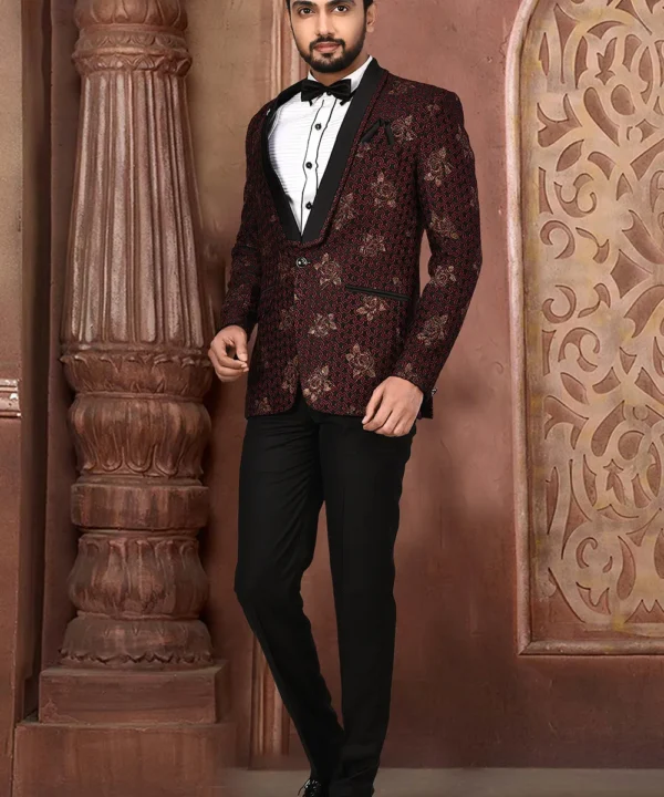 Golden Printed Polyester Lycra Tuxedo in Black and Maroon