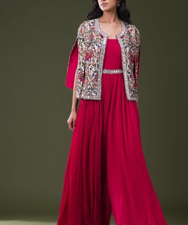 Dark Pink Mirror Embroidered Georgette Jumpsuit
