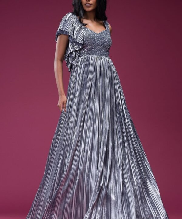 Grey Mirror Embroidered Silk Evening Gown