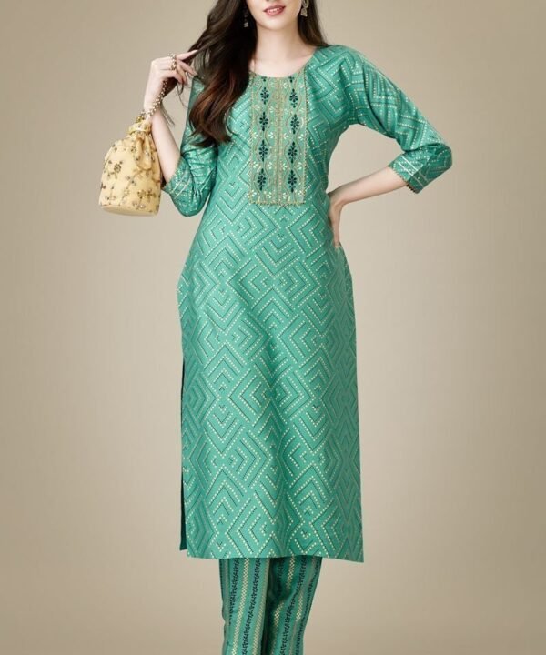 Radiant Sea Green Color Rayon Fabric Readymade Kurti With Pant