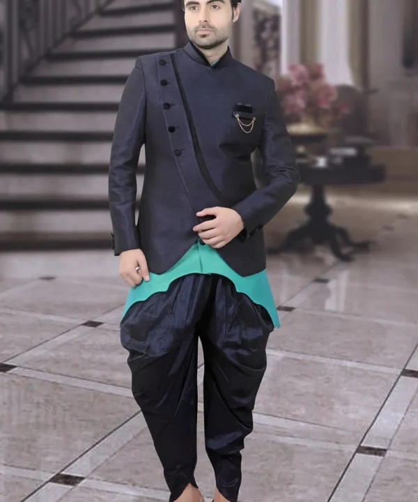 Jodhpuri Style Art Silk Bandhgala in Turquoise