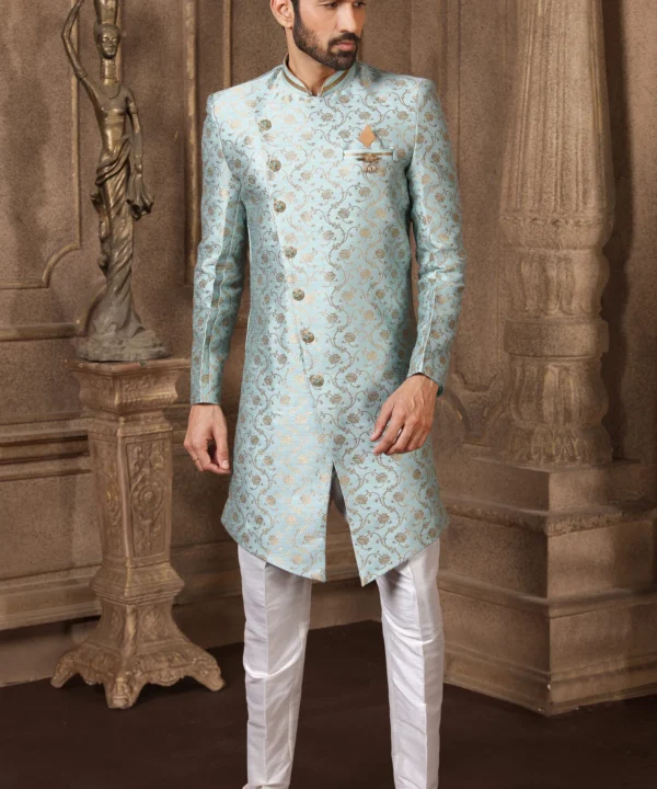 Light Blue Brocade Jacquard Silk Indo Western Sherwani