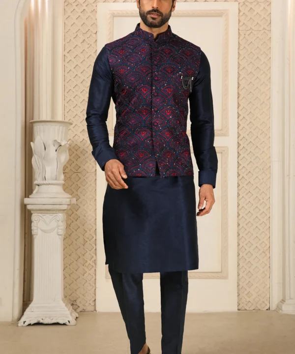 Blue Banarasi Art Silk Kurta Pajama with Jacket
