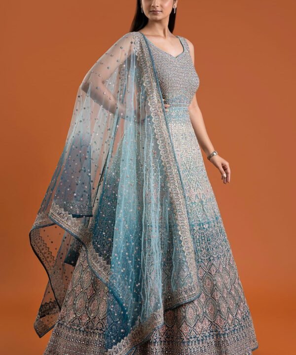 Light Blue Mirror Embroidered Silk Indowestern Gowns