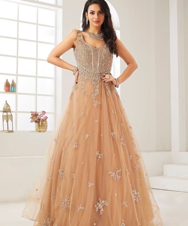 Warm Taupe Sequins Embroidered Net Cocktail Gown