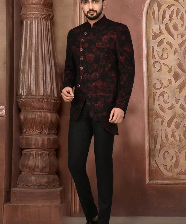 Printed Acrylic Cotton Suit Set in Maroon and Black