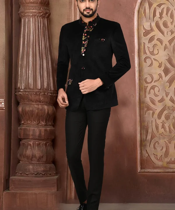 Printed Velvet Suit Set in Black