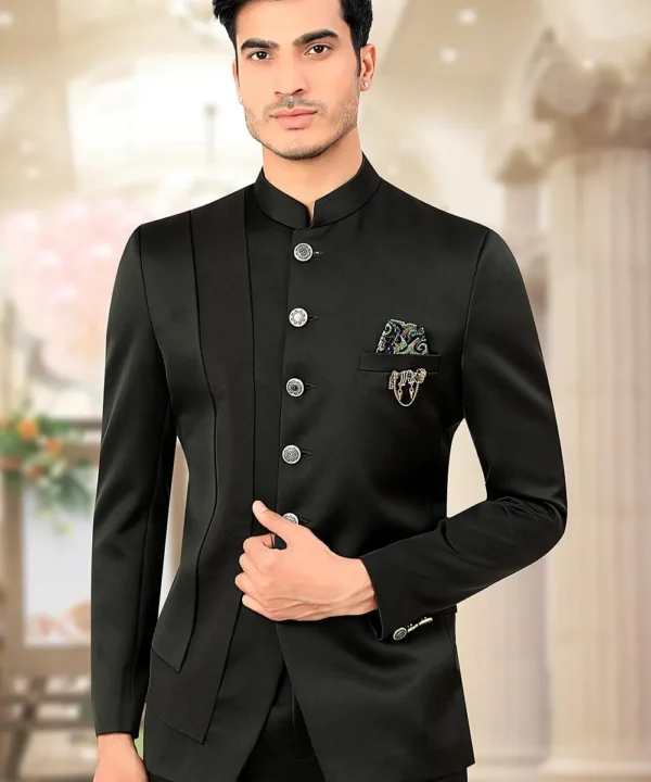 Solid Color Terry Rayon and Satin Jodhpuri Jacket in Black
