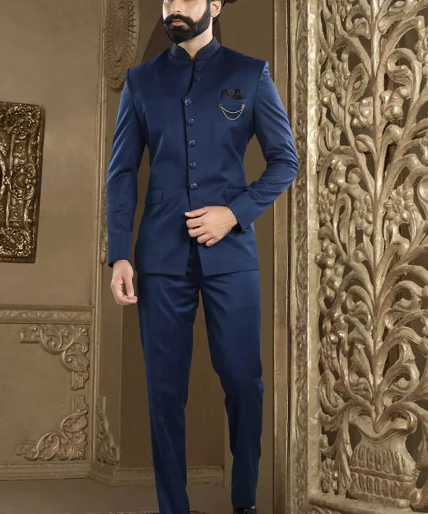 Solid Color Terry Rayon Jodhpuri Suit in Navy Blue