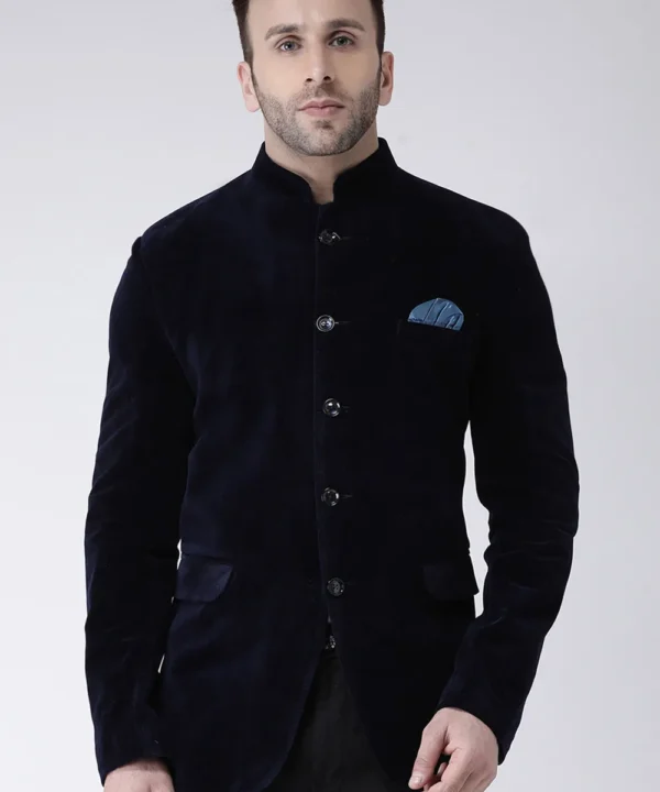 Solid Color Velvet Jodhpuri Jacket in Navy Blue