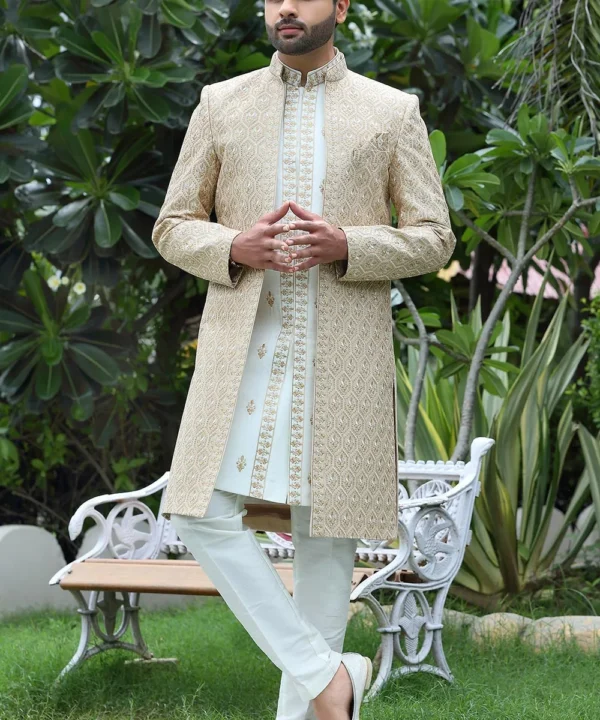 Woven Art Silk Jacket Style Sherwani in Cream and Off White