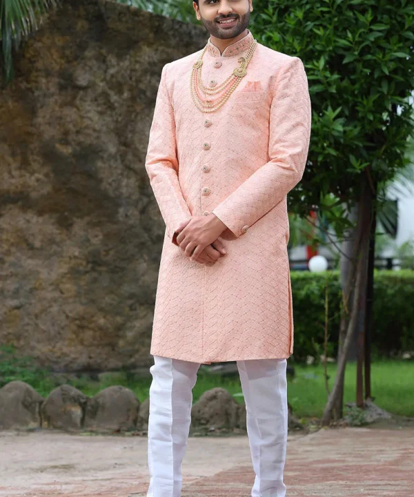 Woven Art Silk Sherwani in Light Peach