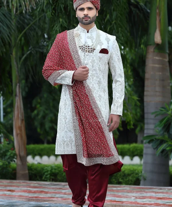 Woven Art Silk Sherwani in Off White