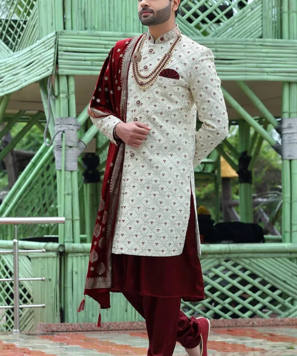 Woven Art Silk Sherwani in Off White