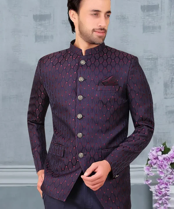 Woven Terry Rayon Jacquard Jodhpuri Jacket in Navy Blue