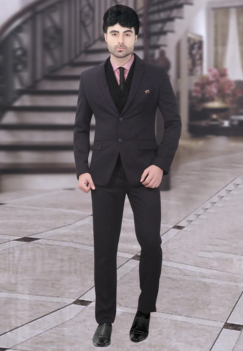 Woven Terry Rayon Suit in Black - Image 2